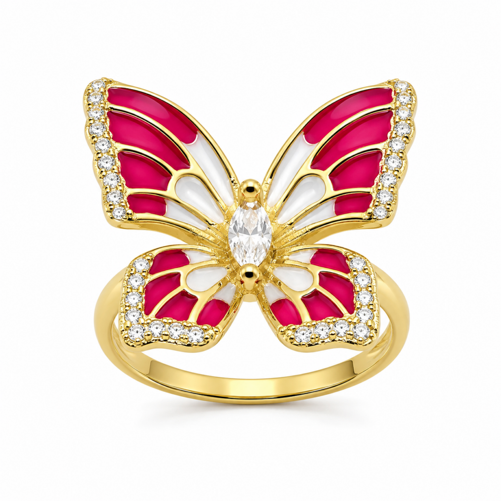 Strieborný pozlátený prsteň RED BUTTERFLY